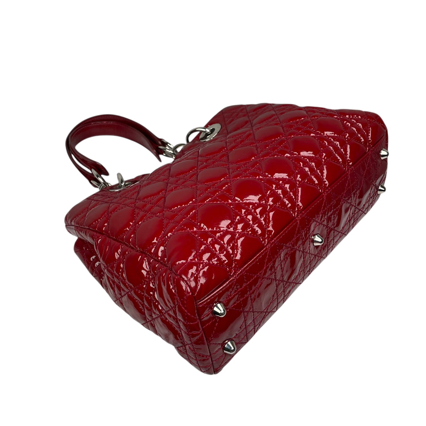 Christian Dior Lady Dior Soft Cannage Patent Quilted Silver Med Shoulder Purse