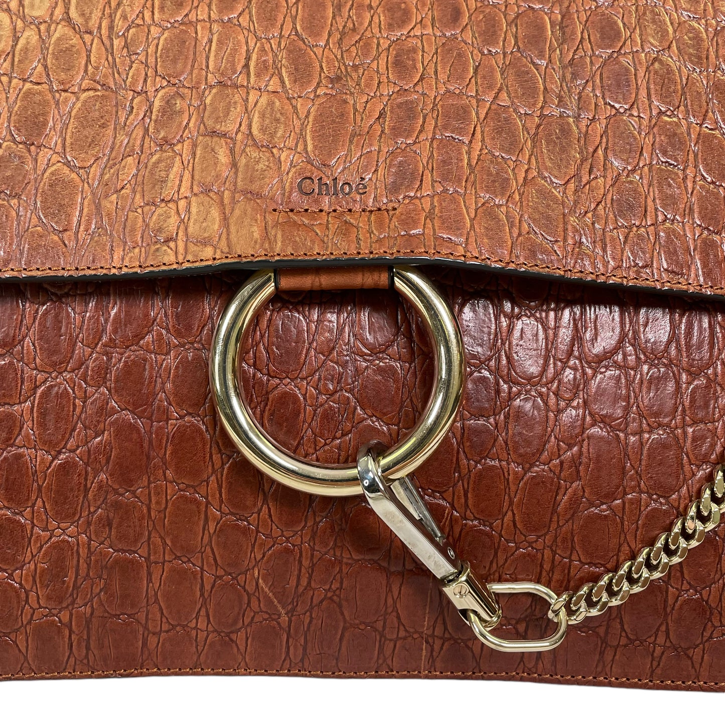 Chloe Faye Accordion Brown Croc Embossed Calfskin Two Way Flap Shoulder Purse