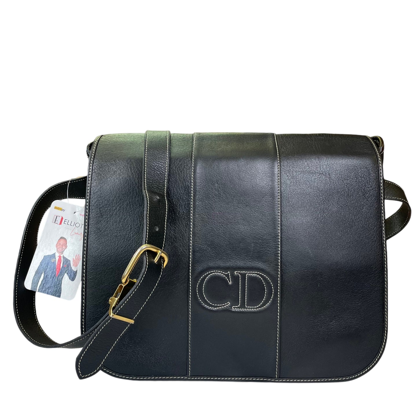 Christian Dior CD Logo Stitched Black Flap Leather Medium Crossbody Shoulder Purse