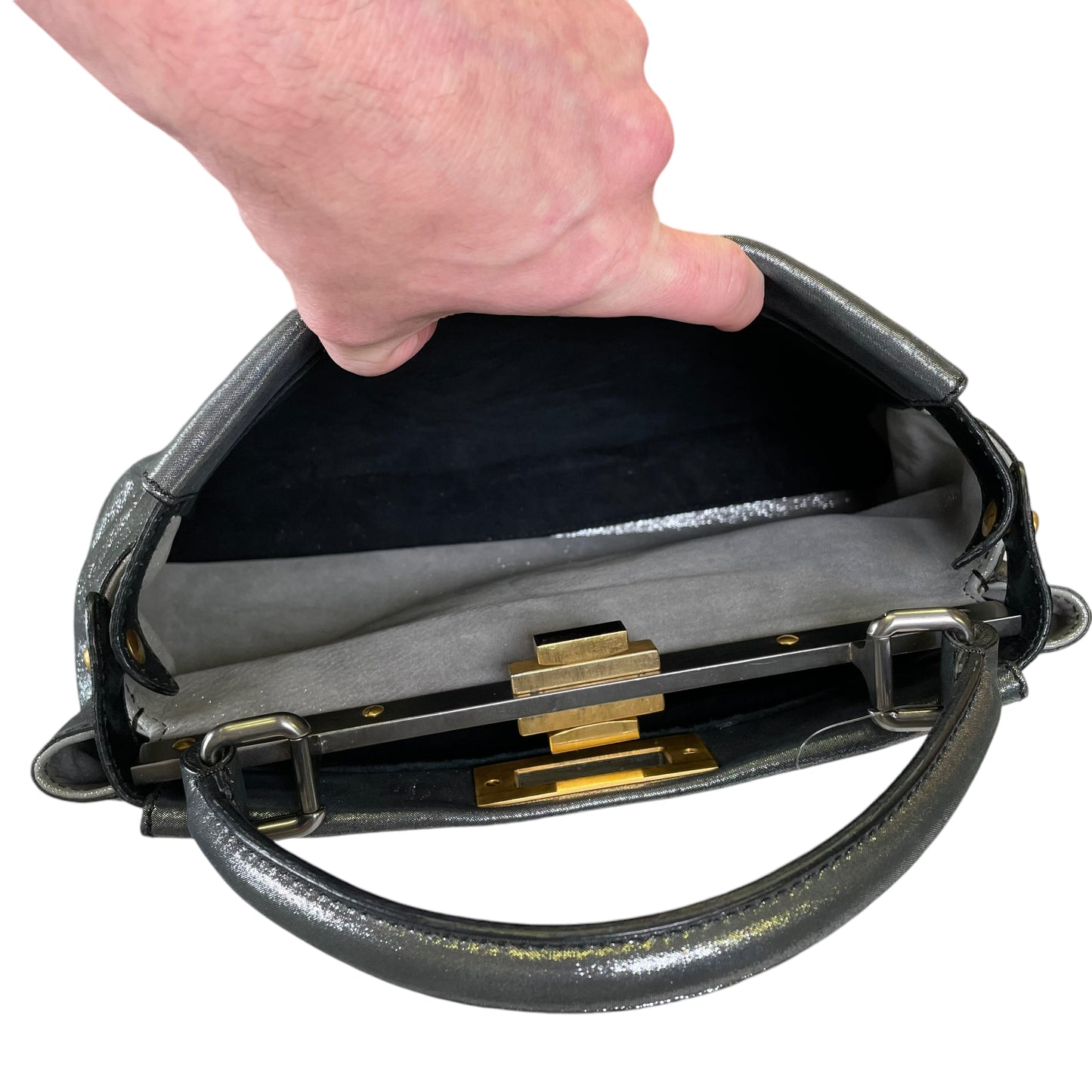 Fendi Peek A Boo Silver Glitter Shimmer Coated Canvas North South 2 Way Top Handle Shoulder Purse