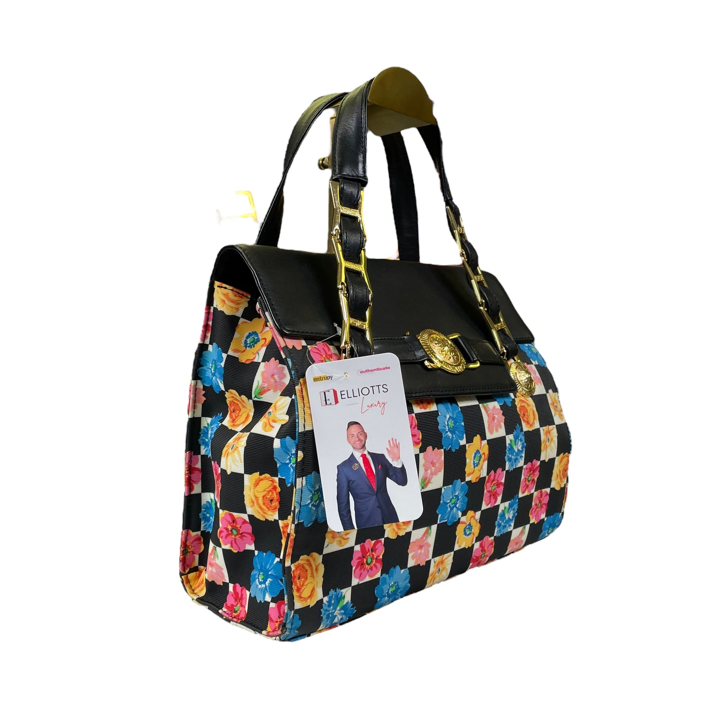 Gianni Versace Sunface Canvas Leather Floral Multi Gold Dual Strap Satchel Top Handle Purse