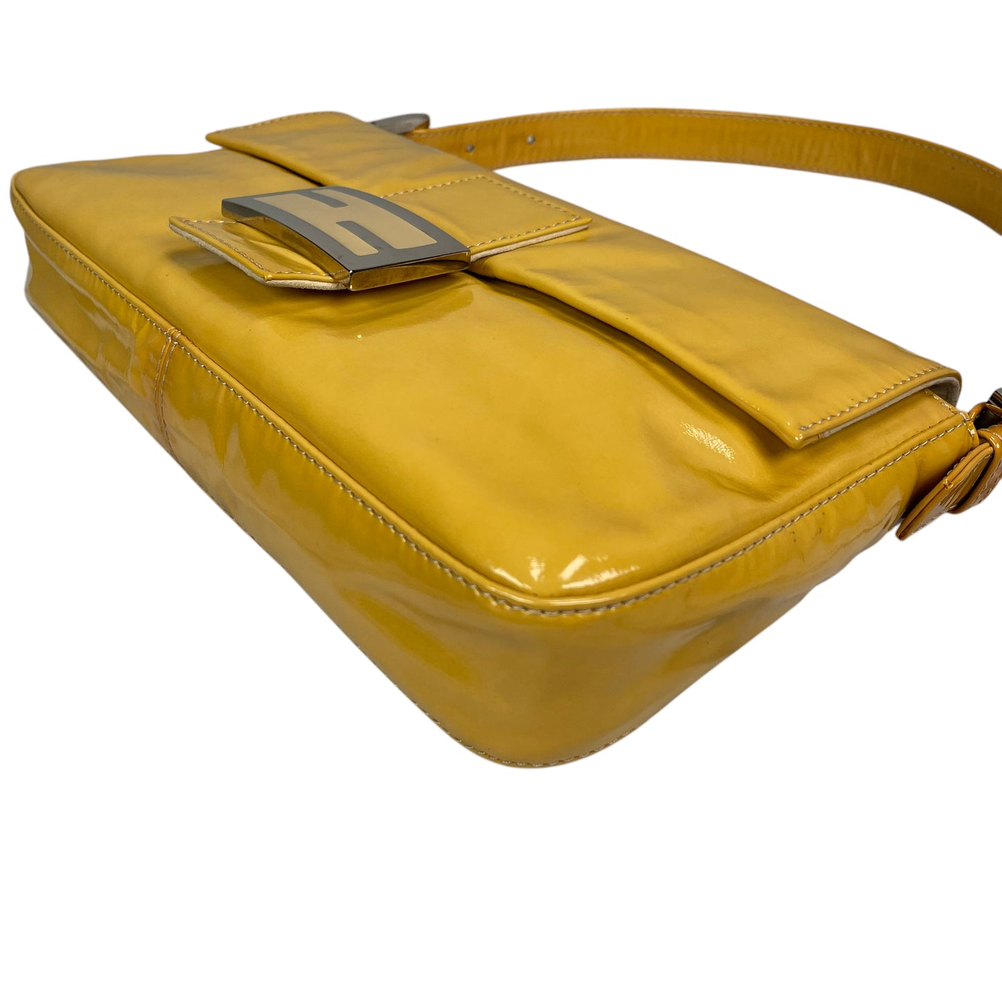 Fendi FF Mustard Yellow Classic Baguette Patent Leather Silver Shoulder Purse
