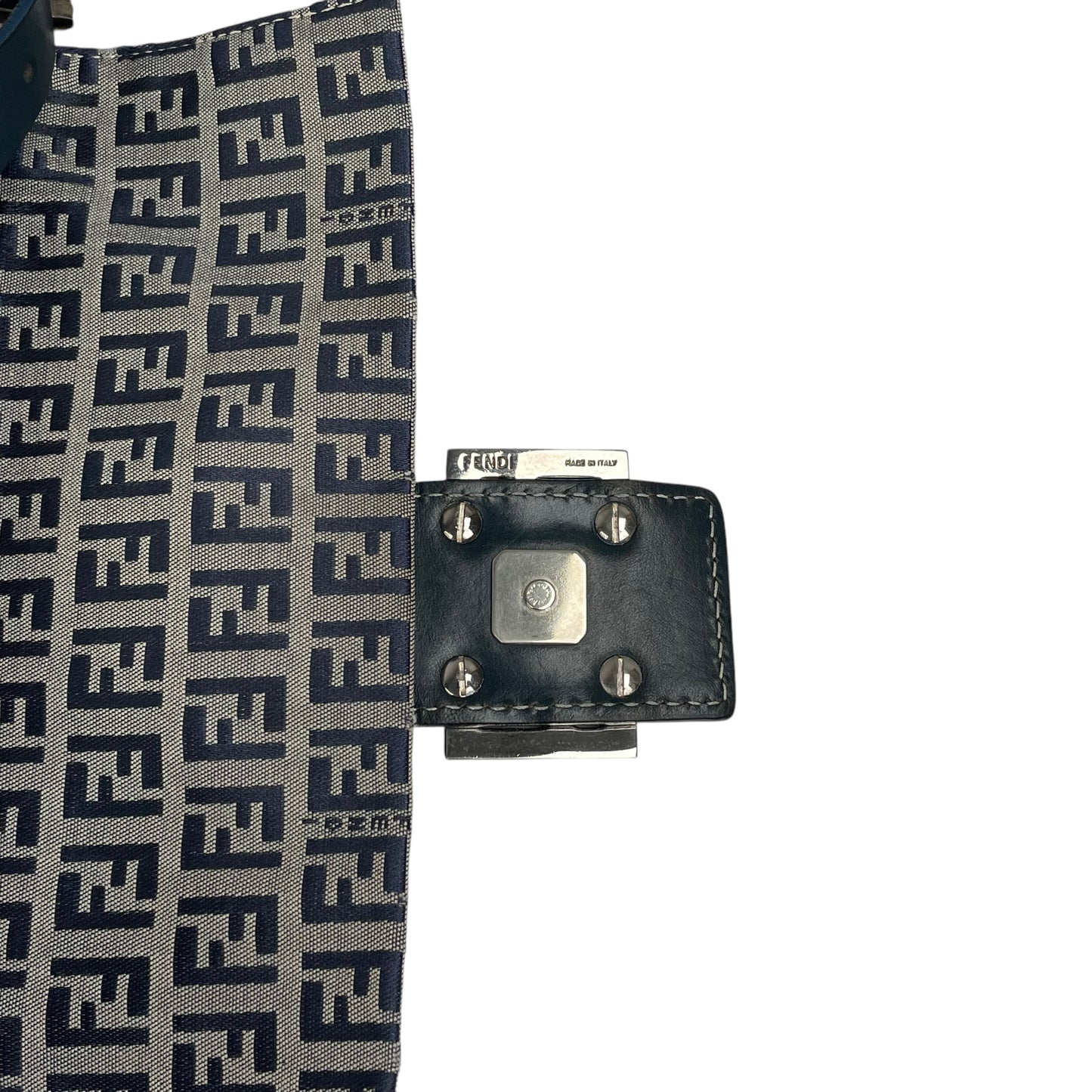Fendi Classic Baguette Zucchino Navy Canvas Silver Leather Shoulder Purse