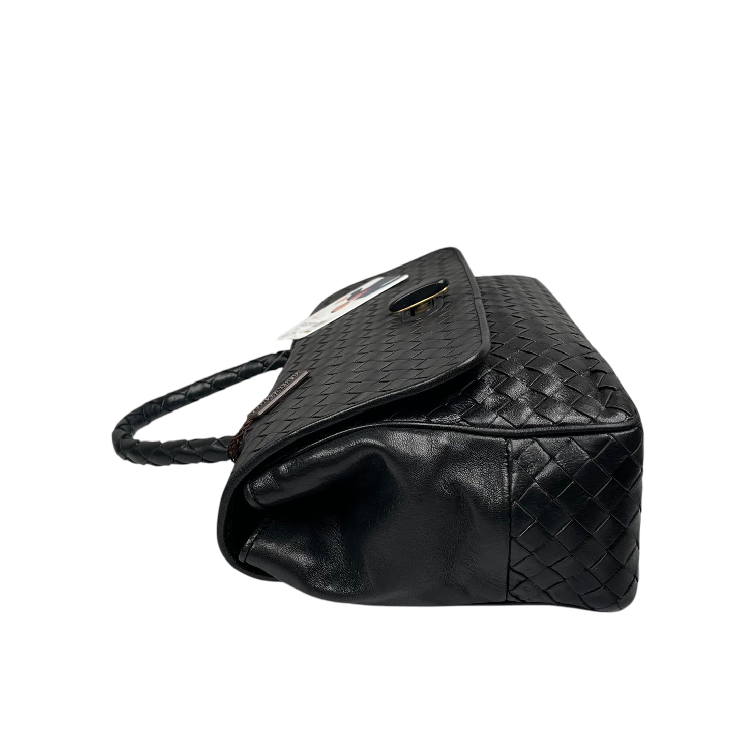 Bottega Veneta Black Intrecciato Leather Woven Top Handle Flap Turn-Lock Purse