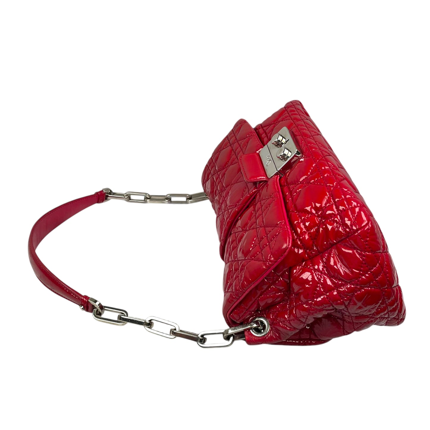 Christian Dior Red New Lock Patent Cannage Quilted Flap Shoulder Chain Purse