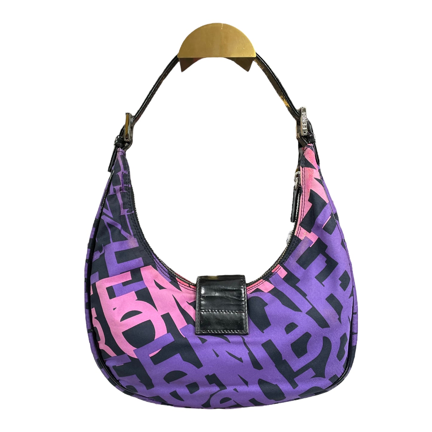 Fendi FF Croissant Graffiti Monogram Purple Black Patent Leather Sterling Shoulder Purse
