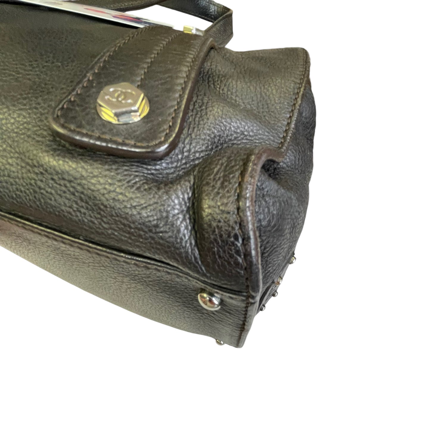 Chanel CC Deerskin Bowler Boston Dark Brown Studded Bolt Tote Hand Bag