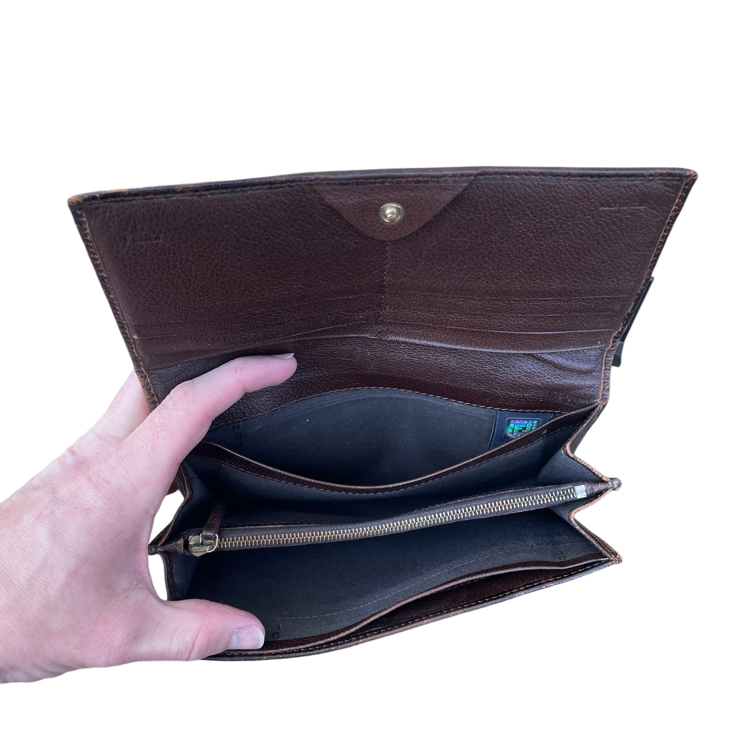 Fendi Zucca Rustic Embossed Brown Leather Bi-Fold Long Wallet