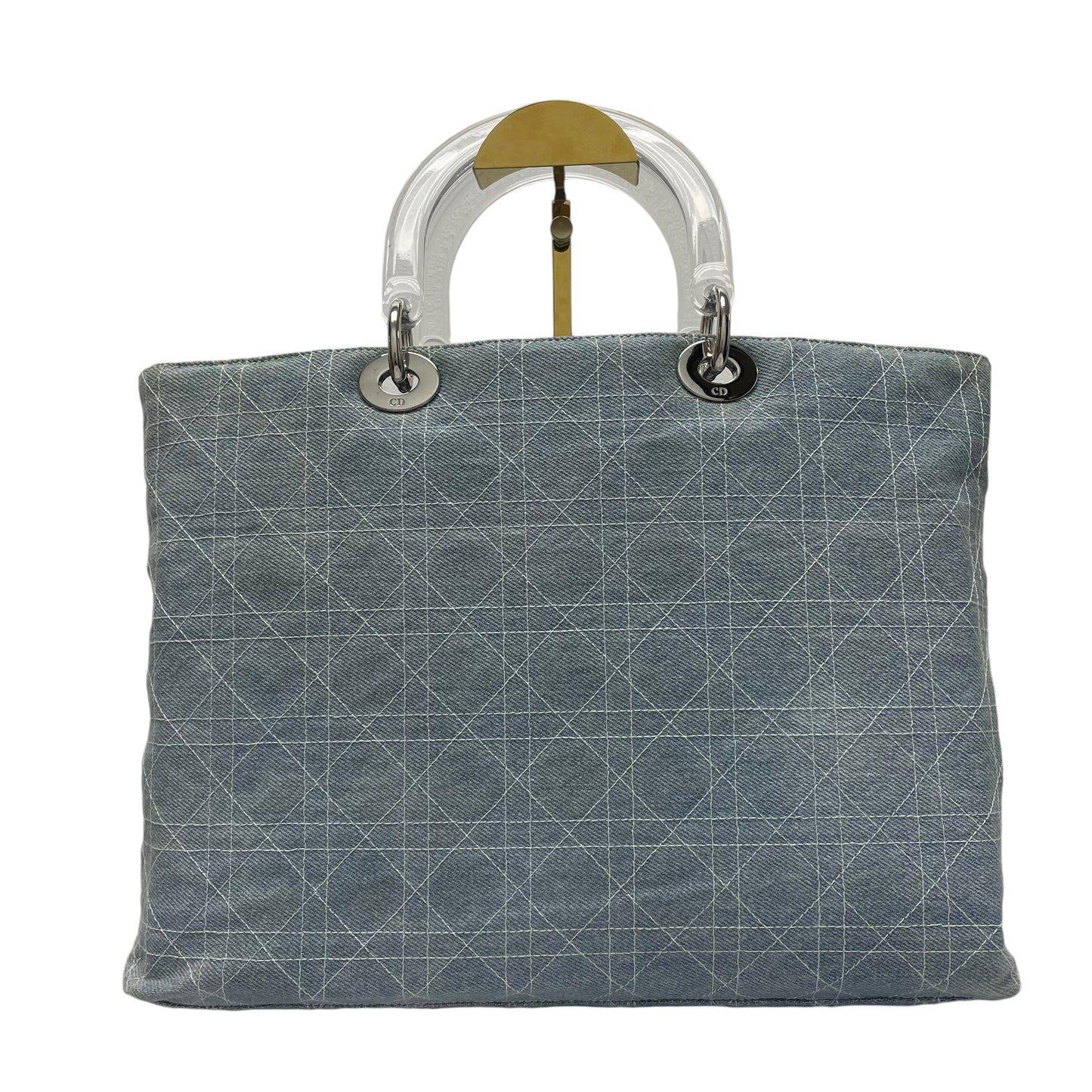 Christian Dior Denim Light Blue Acrylic Handle Silver Hardware Multi-Compartment Large Tote Purse