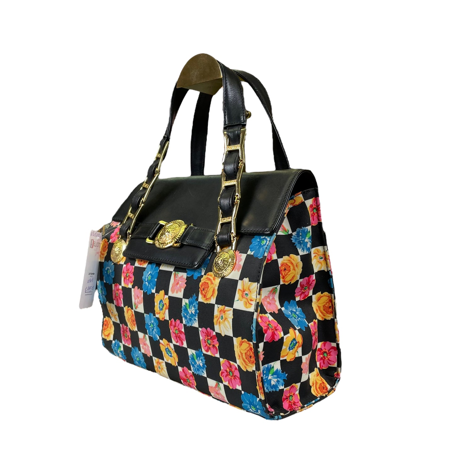 Gianni Versace Sunface Canvas Leather Floral Multi Gold Dual Strap Satchel Top Handle Purse