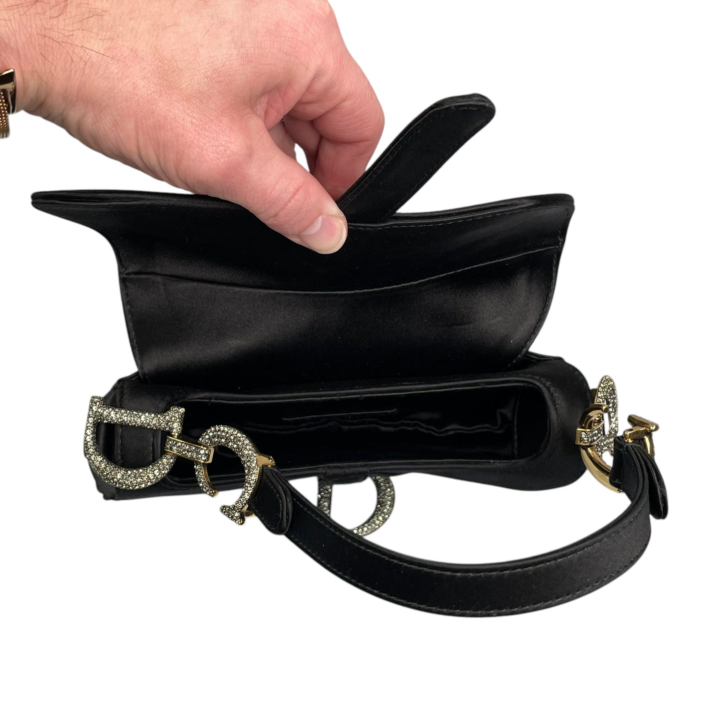 Christian Dior Mini Saddle Bag Black Silk Satin Crystal Encrusted Gold Hardware