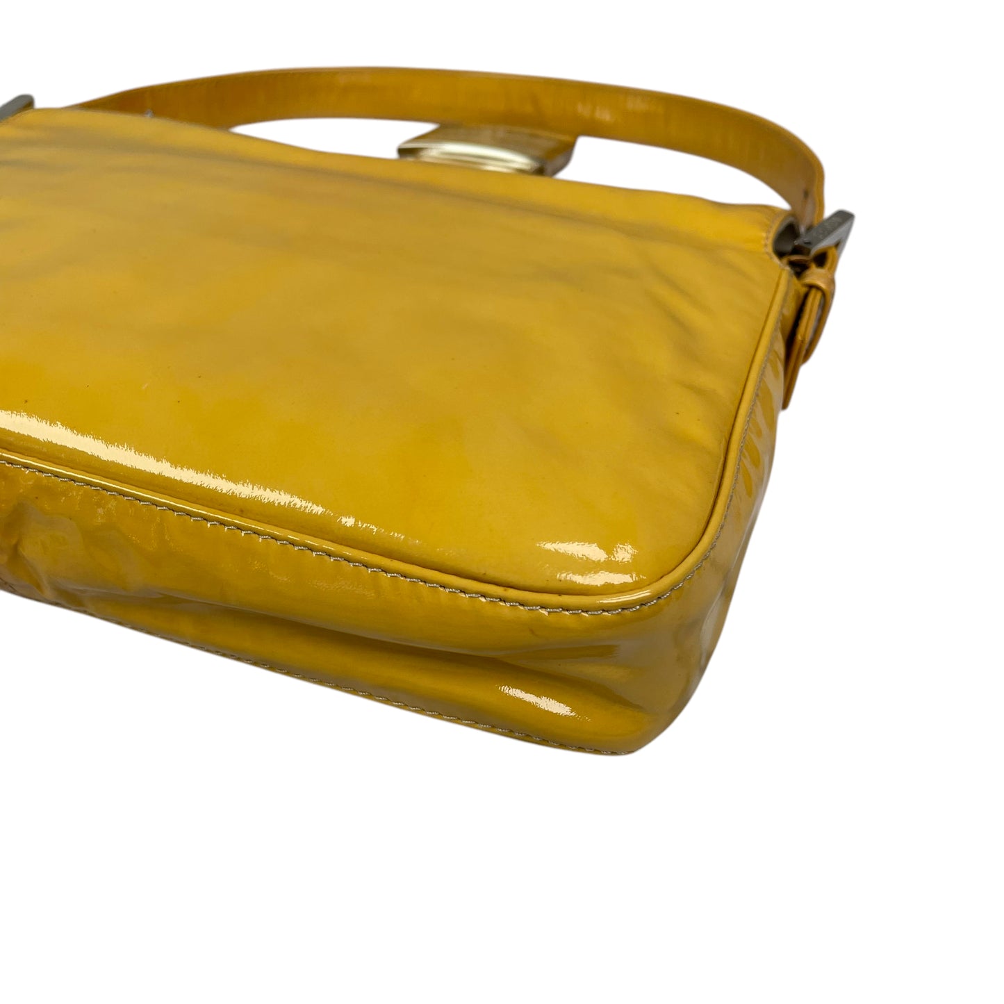 Fendi FF Mustard Yellow Classic Baguette Patent Leather Silver Shoulder Purse