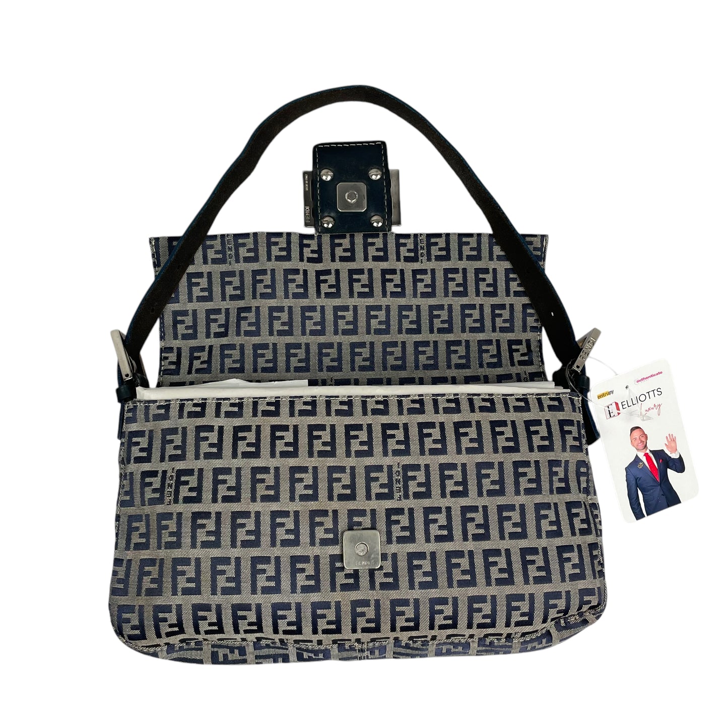 Fendi Classic Baguette Zucchino Navy Canvas Silver Leather Shoulder Purse
