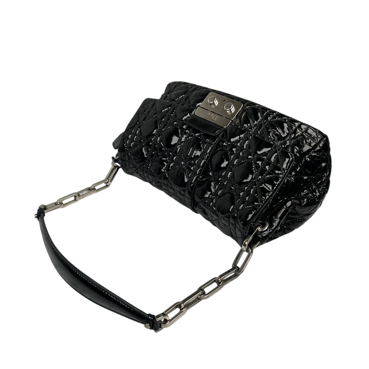Christian Dior Black New Lock Patent Cannage Quilted Flap Shoulder Chain Purse