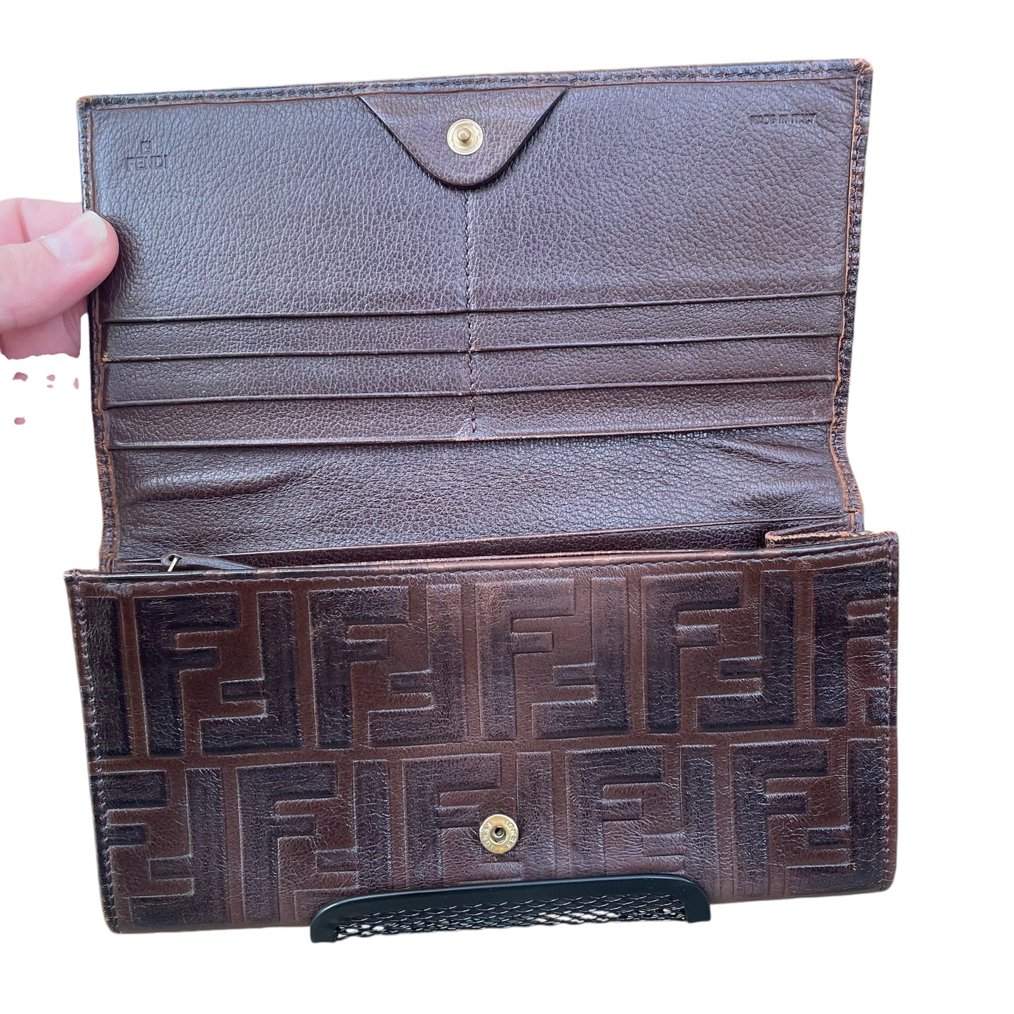 Fendi Zucca Rustic Embossed Brown Leather Bi-Fold Long Wallet