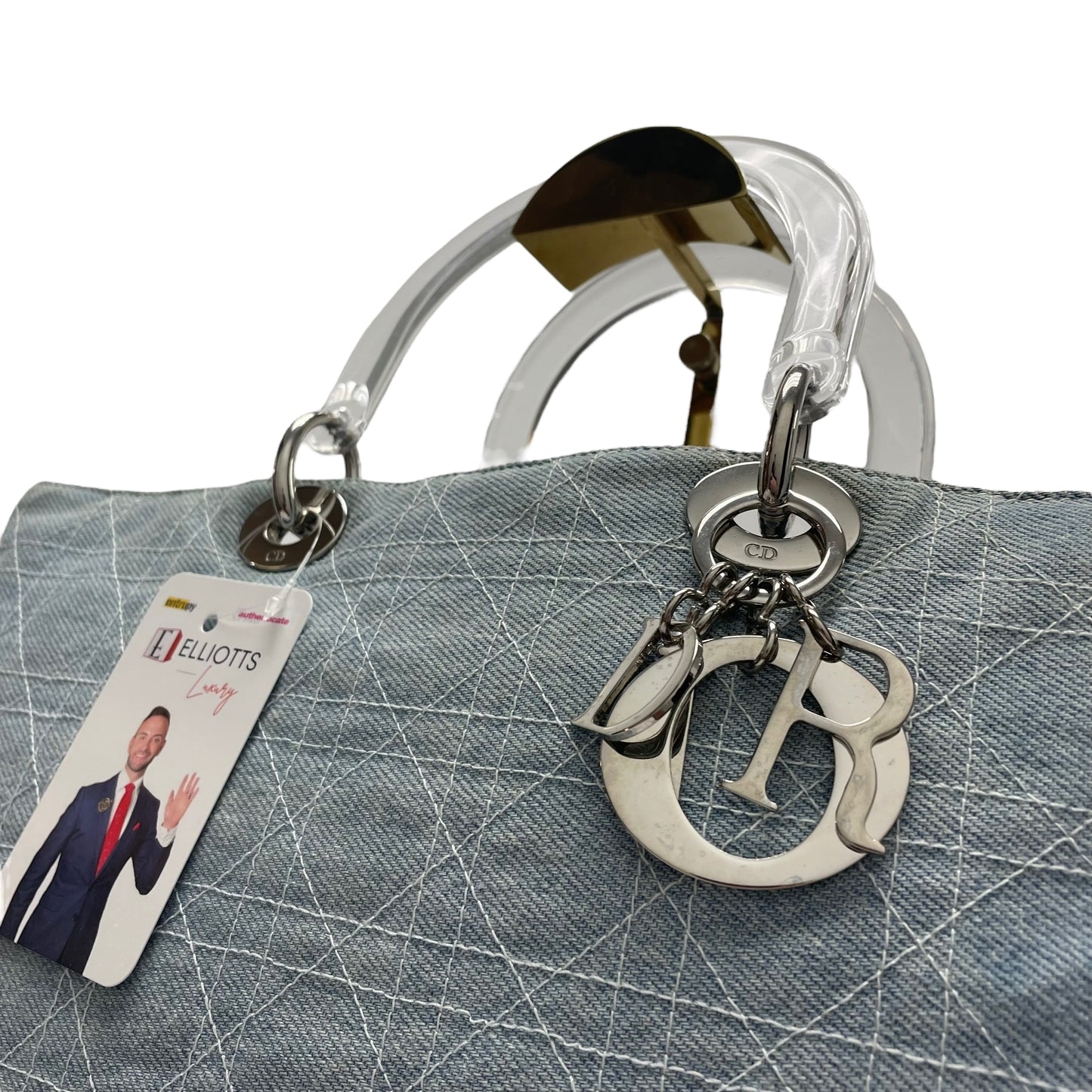 Christian Dior Denim Light Blue Acrylic Handle Silver Hardware Multi-Compartment Large Tote Purse