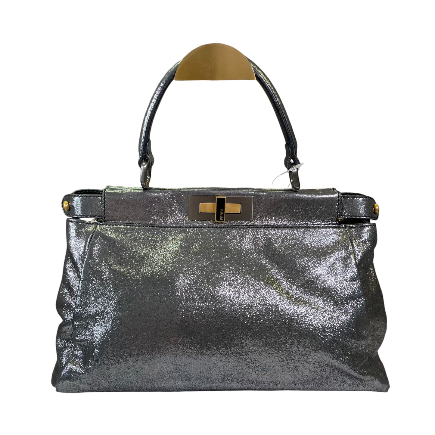 Fendi Peek A Boo Silver Glitter Shimmer Coated Canvas North South 2 Way Top Handle Shoulder Purse