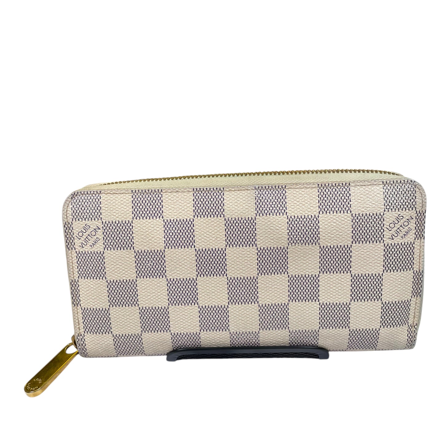 Louis Vuitton Azur Damier Long Coated Canvas White Gold Zip Around Bi-Fold Wallet