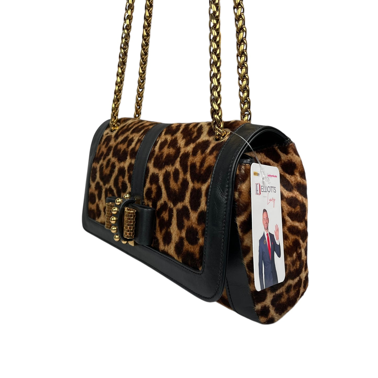 Christian Louboutin Bow Studded Cheetah Leopard 2-Way Flap Leather Black Gold Medium
