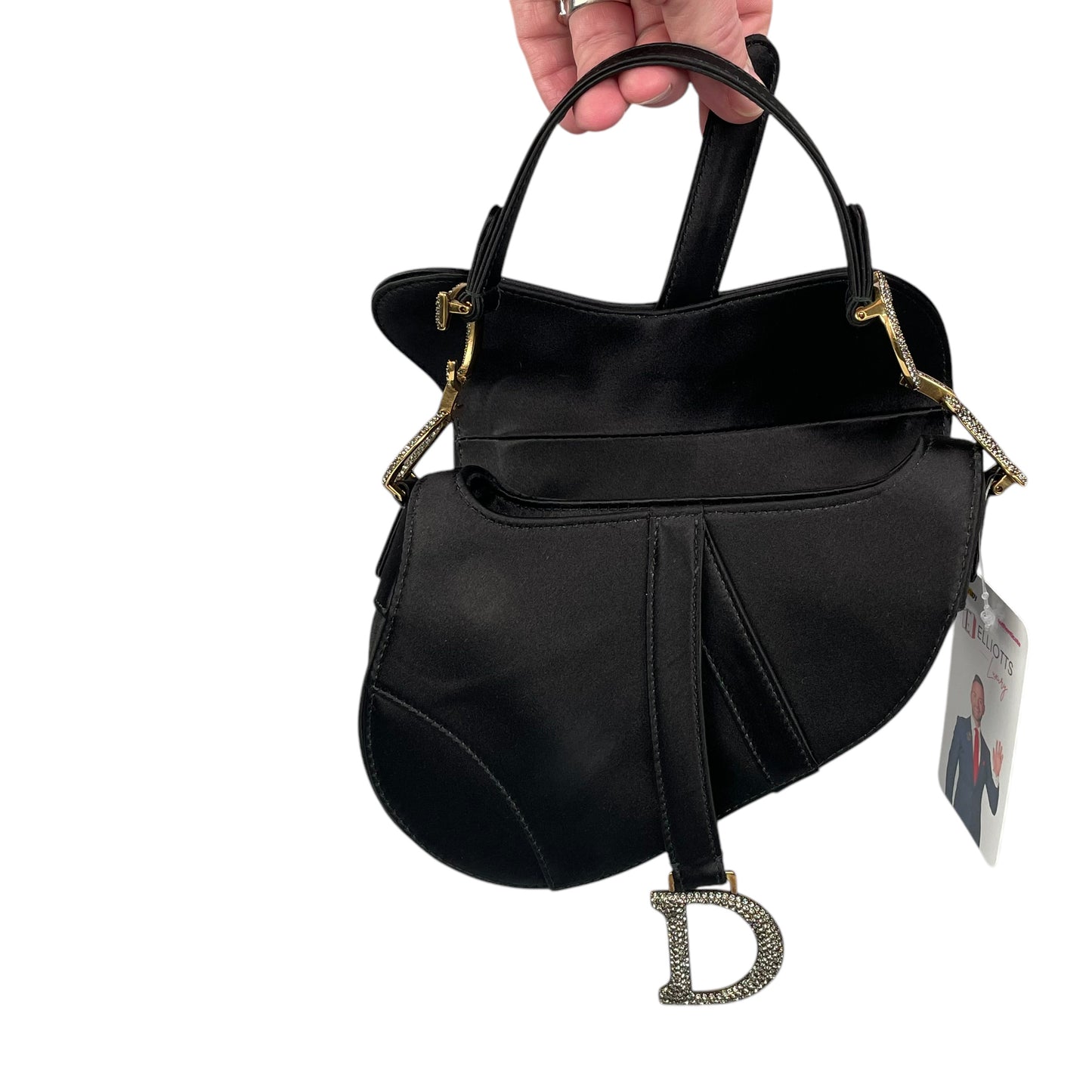 Christian Dior Mini Saddle Bag Black Silk Satin Crystal Encrusted Gold Hardware