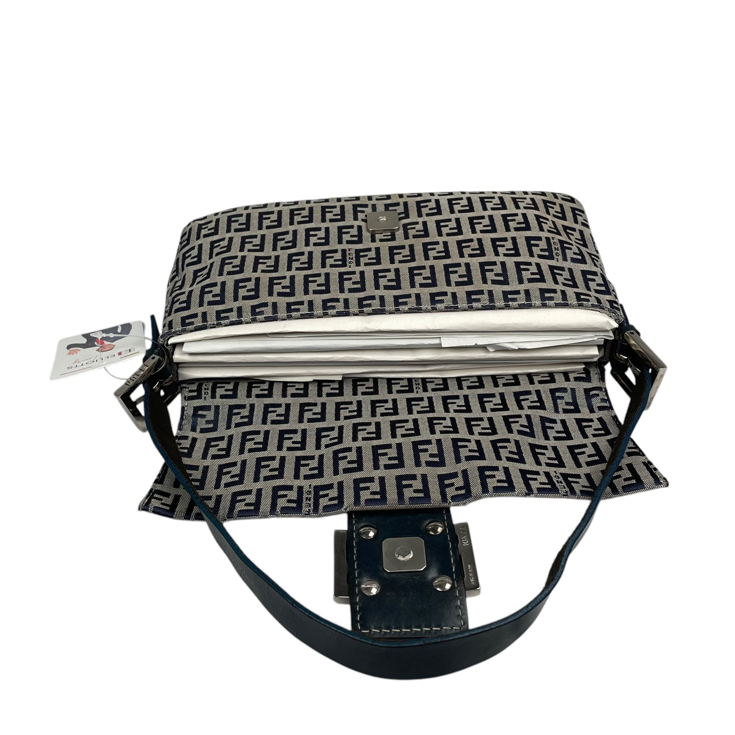 Fendi Classic Baguette Zucchino Navy Canvas Silver Leather Shoulder Purse
