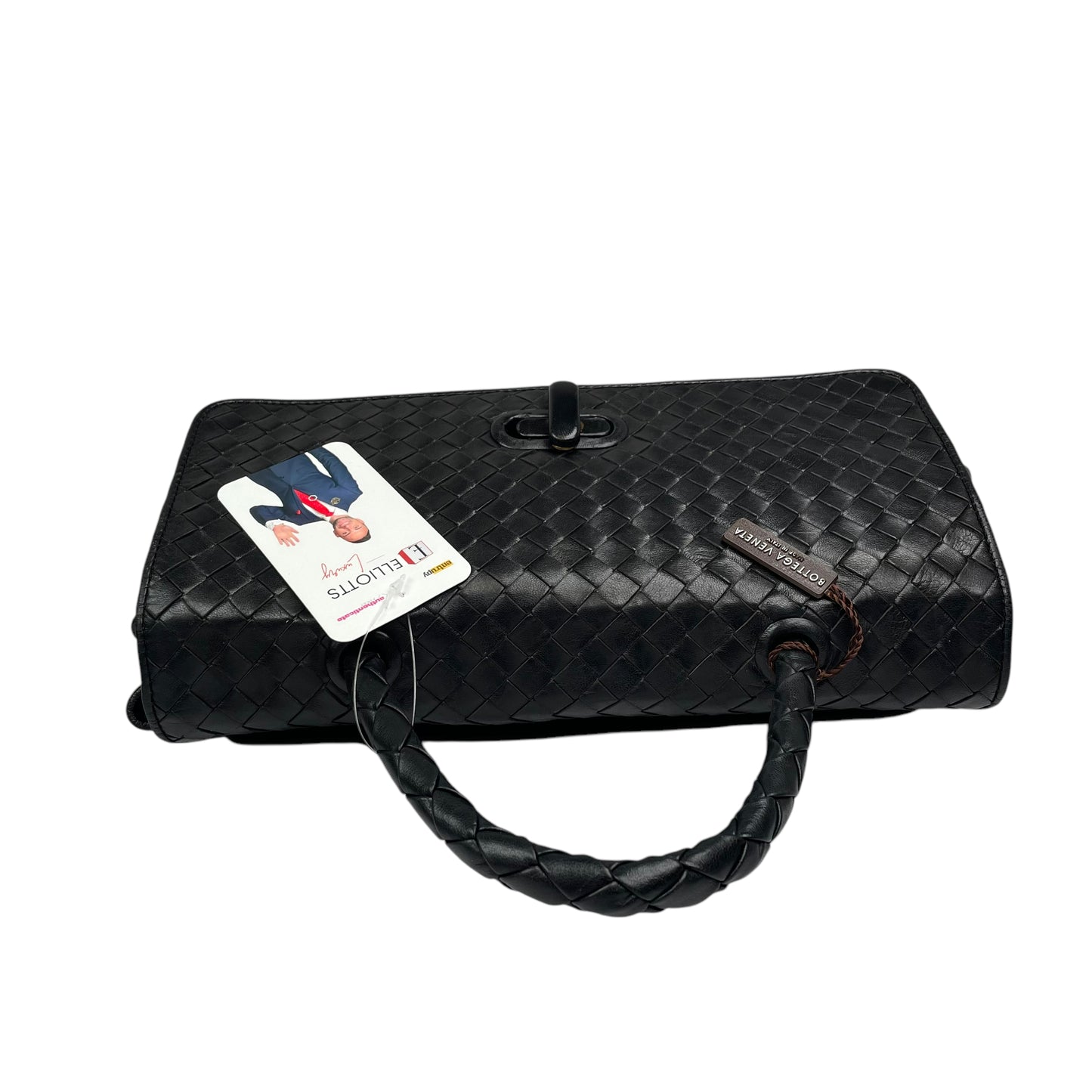 Bottega Veneta Black Intrecciato Leather Woven Top Handle Flap Turn-Lock Purse