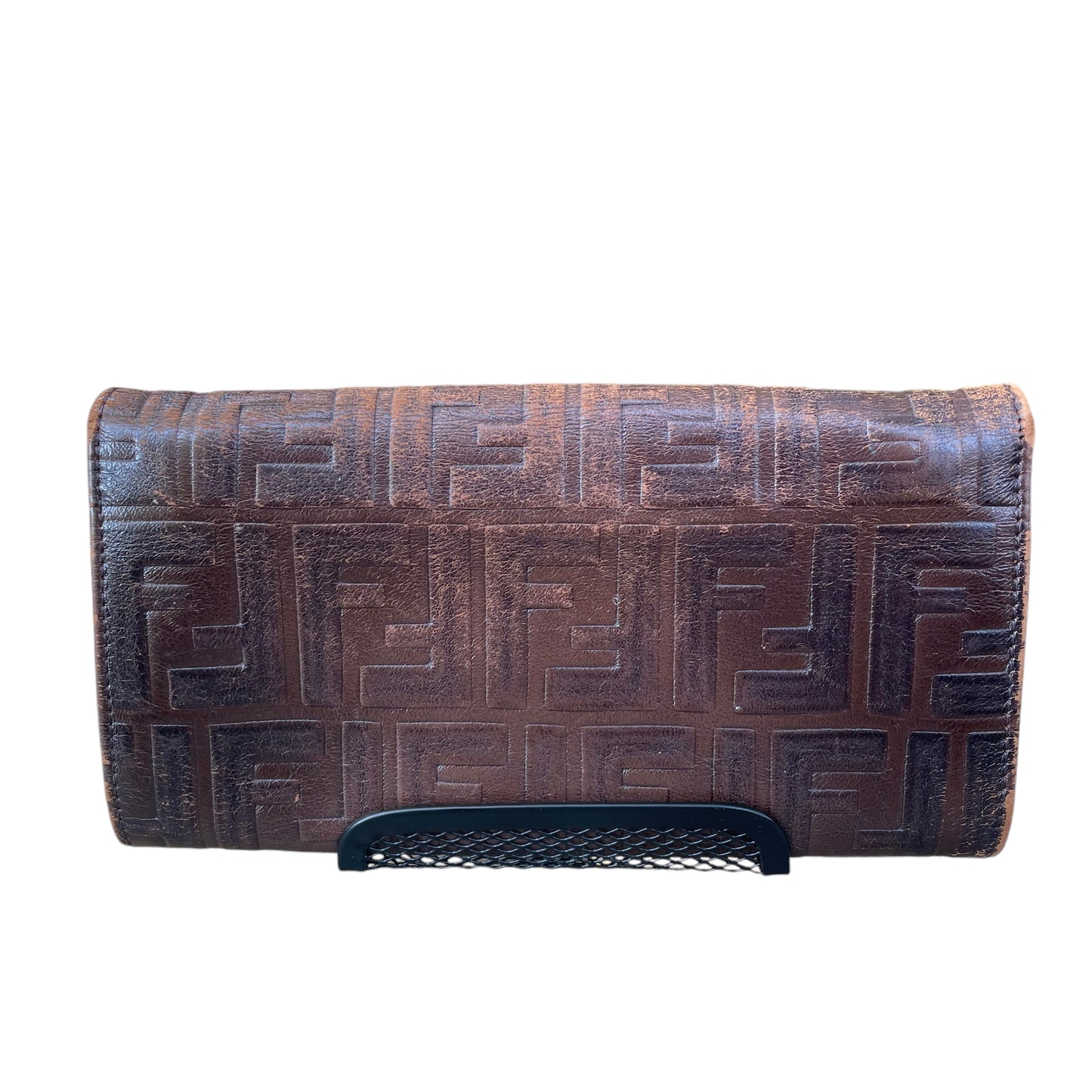 Fendi Zucca Rustic Embossed Brown Leather Bi-Fold Long Wallet