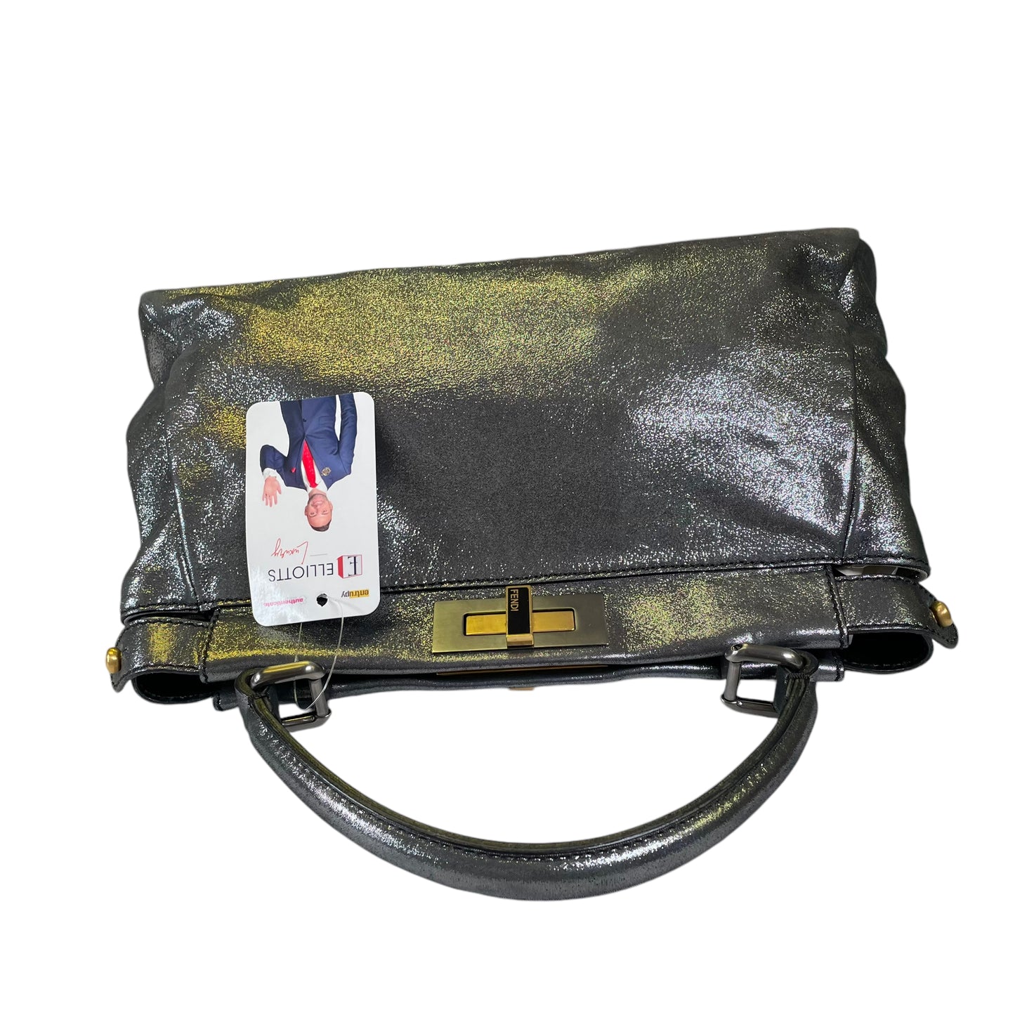 Fendi Peek A Boo Silver Glitter Shimmer Coated Canvas North South 2 Way Top Handle Shoulder Purse