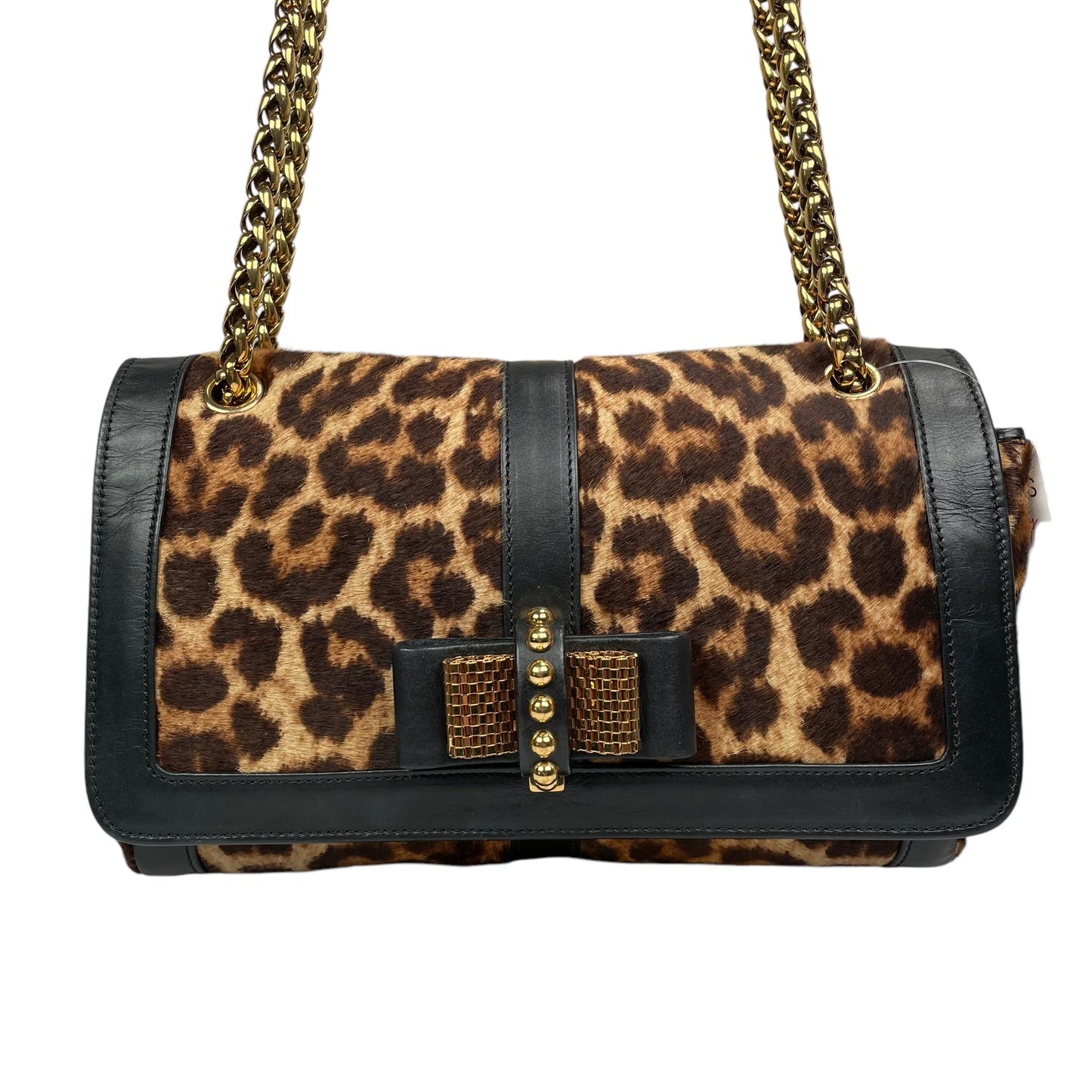 Christian Louboutin Bow Studded Cheetah Leopard 2-Way Flap Leather Black Gold Medium