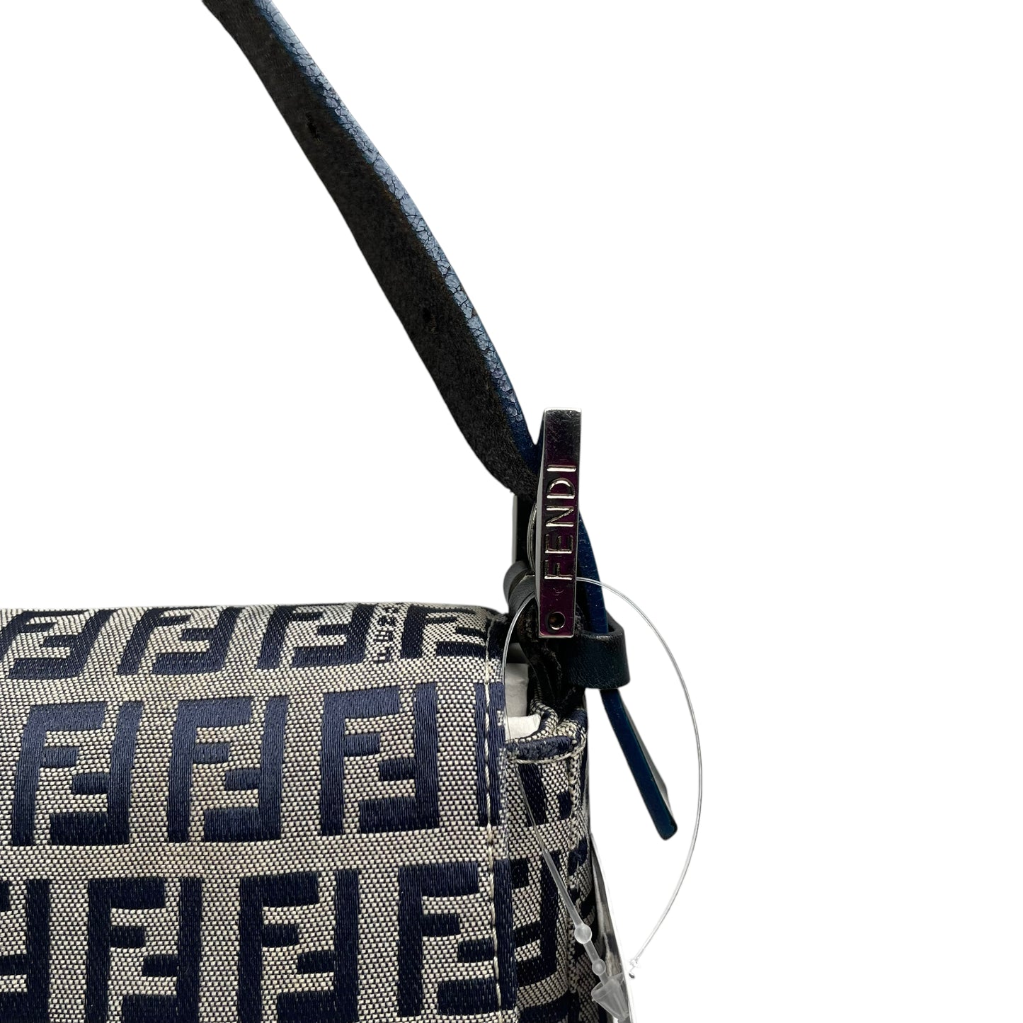 Fendi Classic Baguette Zucchino Navy Canvas Silver Leather Shoulder Purse