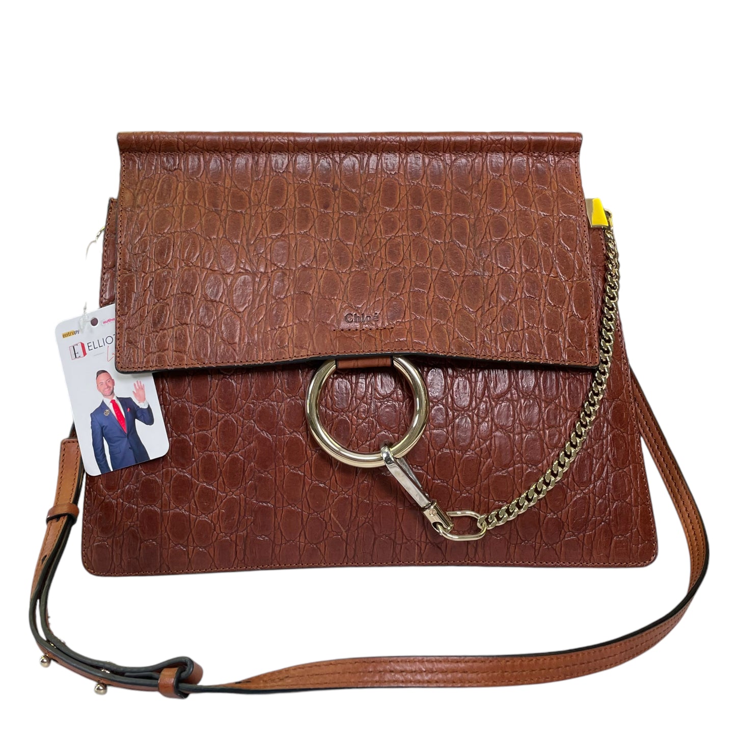 Chloe Faye Accordion Brown Croc Embossed Calfskin Two Way Flap Shoulder Purse
