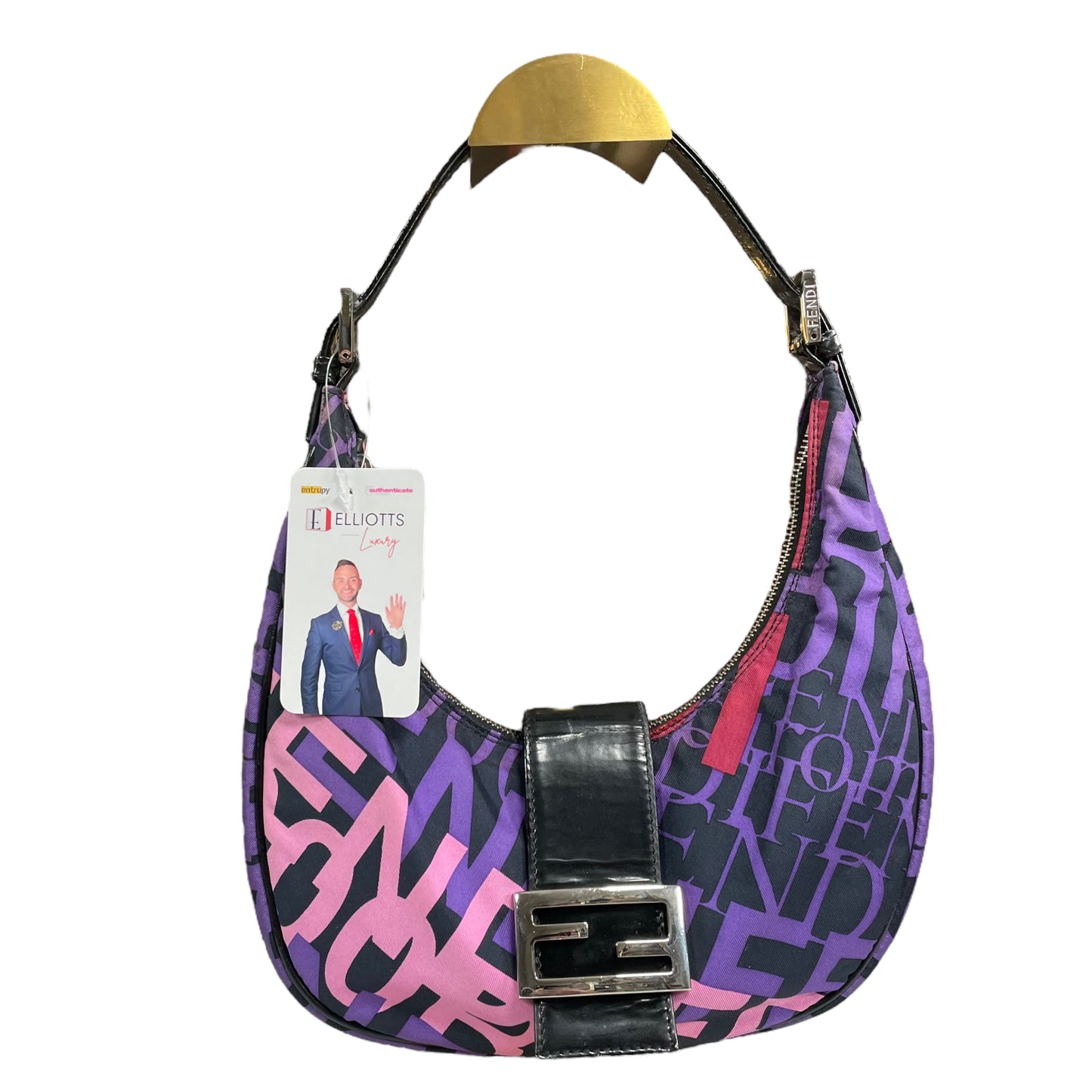 Fendi FF Croissant Graffiti Monogram Purple Black Patent Leather Sterling Shoulder Purse
