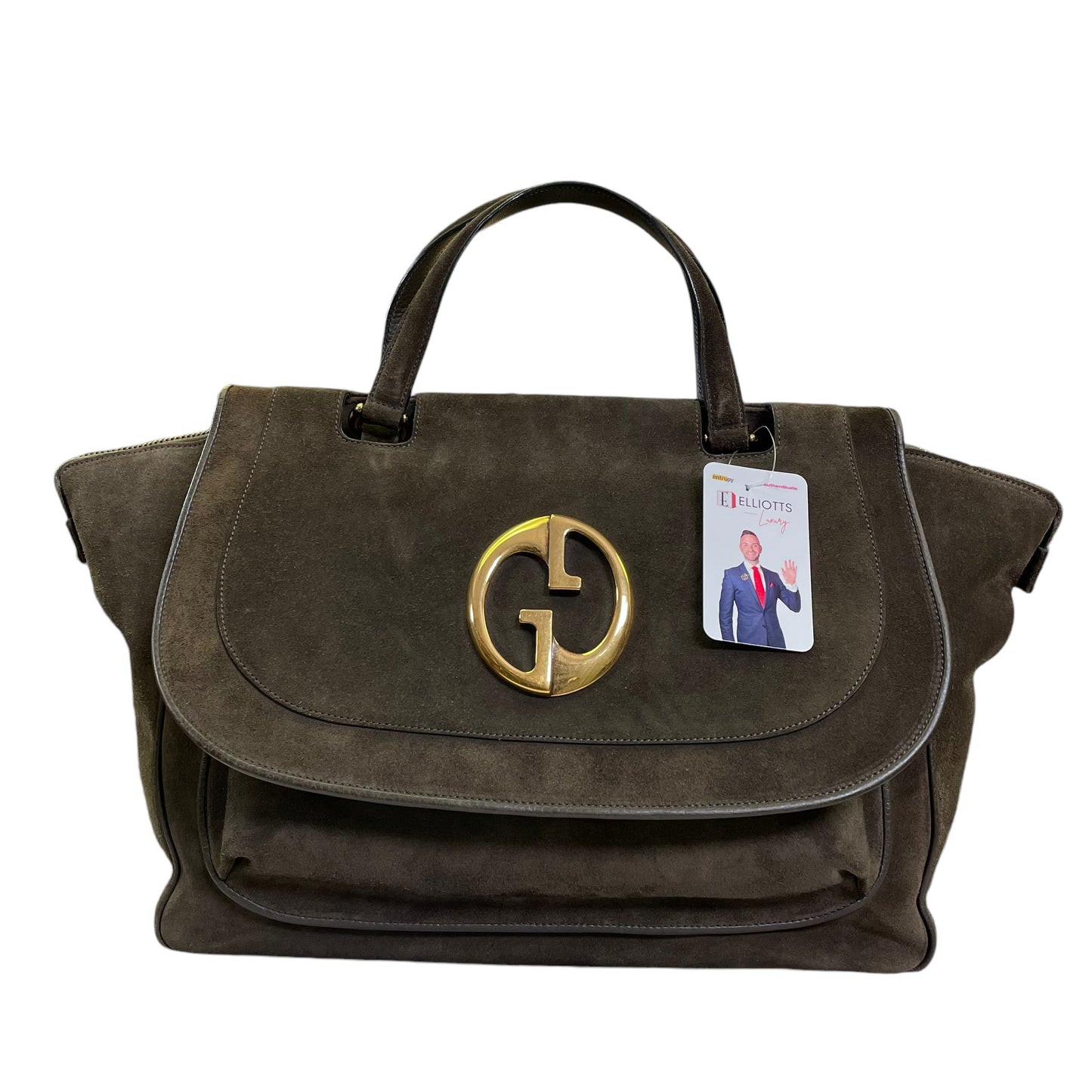 Gucci GG 1973 Top Handle Blondie XL Brown Suede Flap Satchel Travel Boston Bag