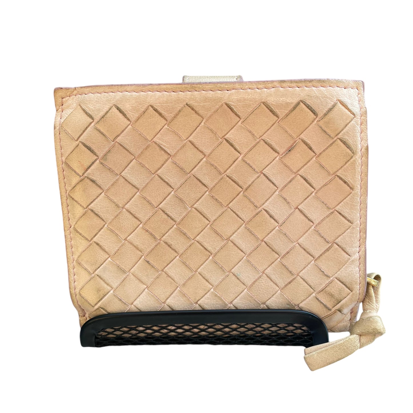 Bottega Veneta Pink Cream Cash Card Zip Coin Woven Bi Fold Snap Wallet