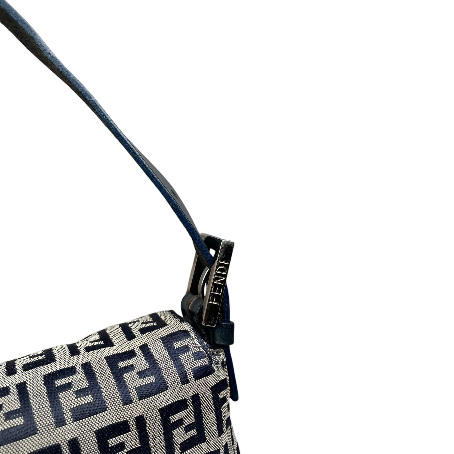 Fendi Classic Baguette Zucchino Navy Canvas Silver Leather Shoulder Purse