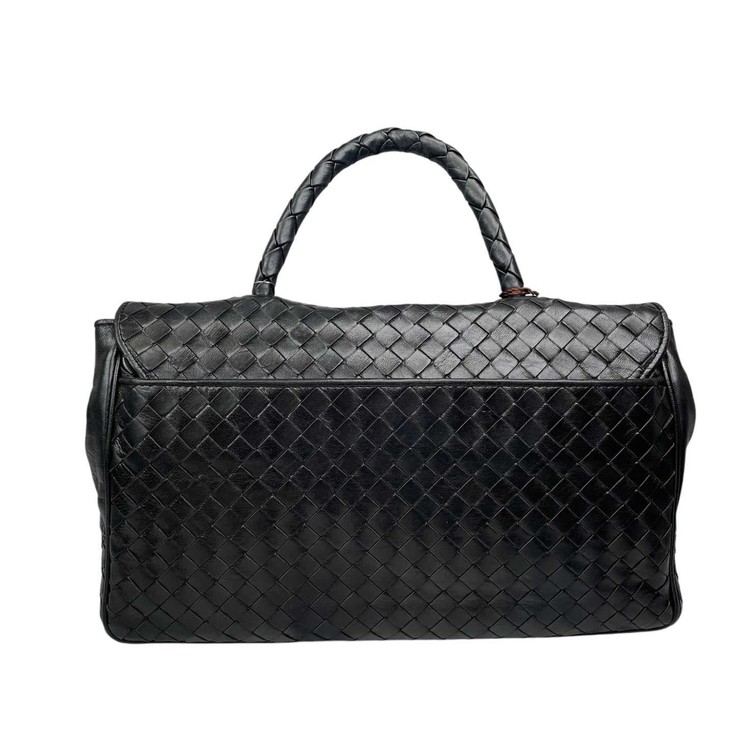 Bottega Veneta Black Intrecciato Leather Woven Top Handle Flap Turn-Lock Purse