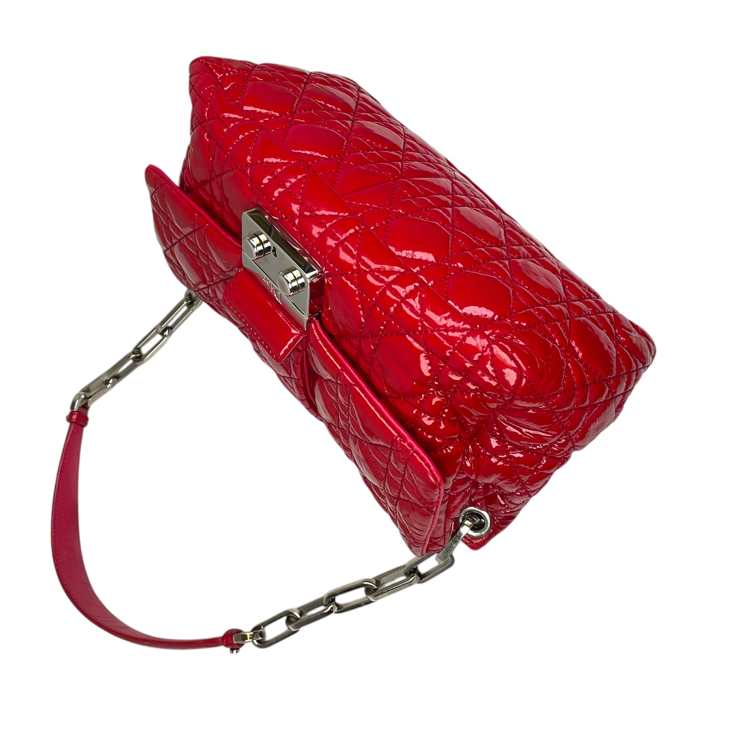 Christian Dior Red New Lock Patent Cannage Quilted Flap Shoulder Chain Purse