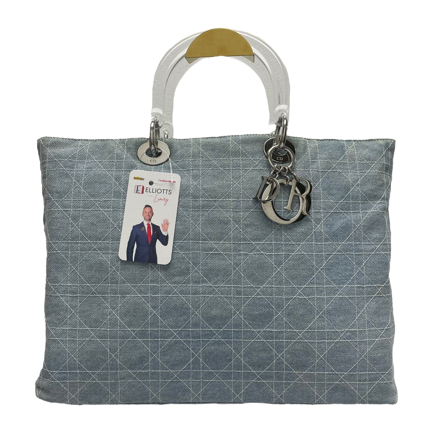 Christian Dior Denim Light Blue Acrylic Handle Silver Hardware Multi-Compartment Large Tote Purse