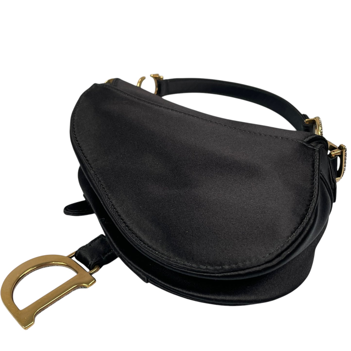 Christian Dior Mini Saddle Bag Black Silk Satin Crystal Encrusted Gold Hardware