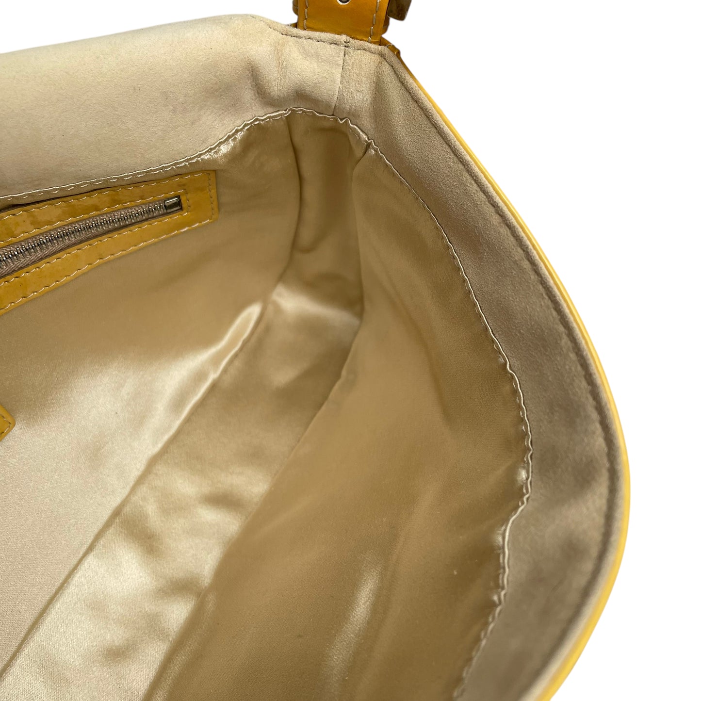 Fendi FF Mustard Yellow Classic Baguette Patent Leather Silver Shoulder Purse