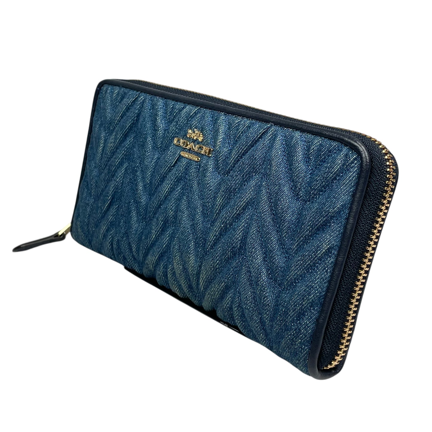 Coach Madison Denim Twist Long Navy Blue Leather Gold Trim Zip Around Wallet