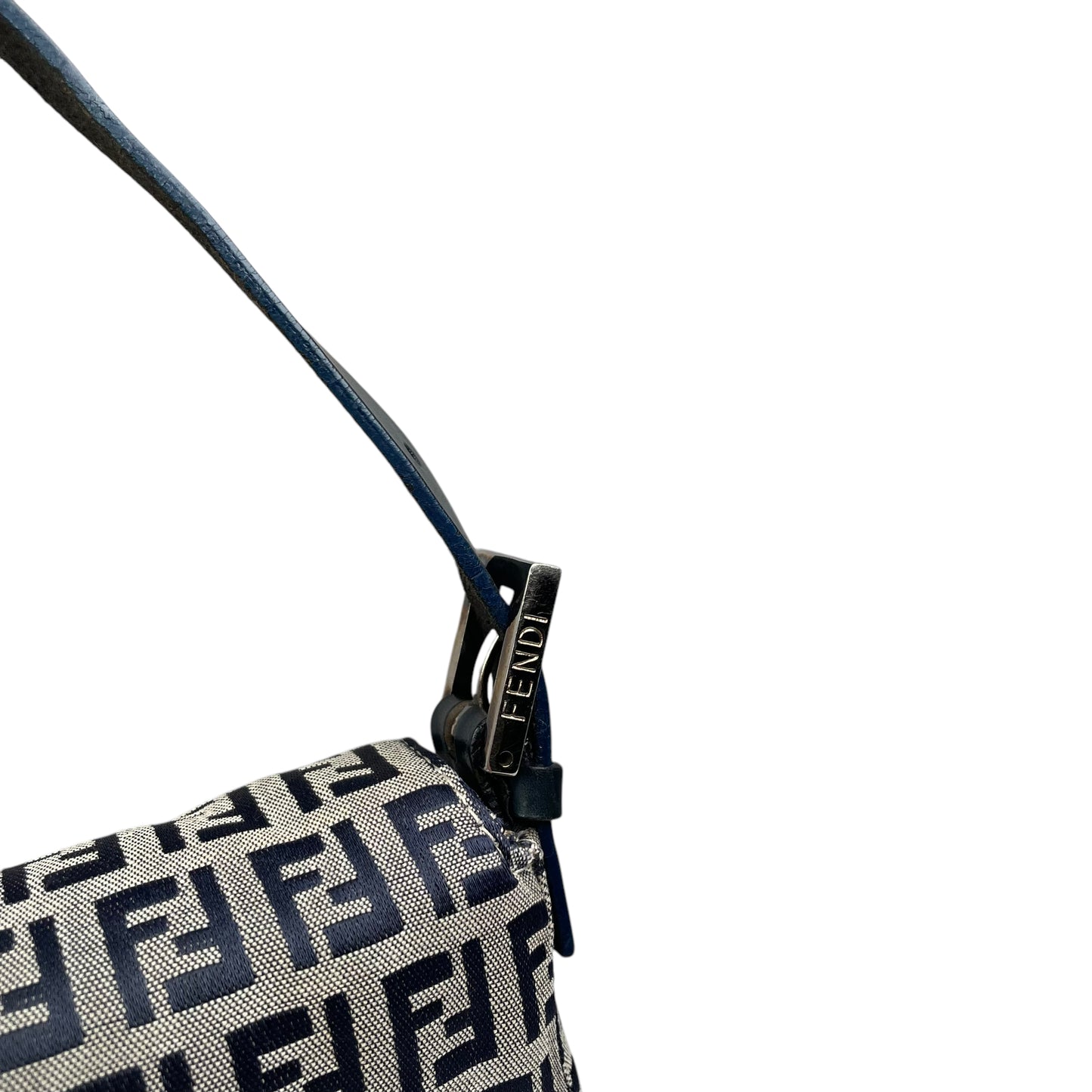 Fendi Classic Baguette Zucchino Navy Canvas Silver Leather Shoulder Purse
