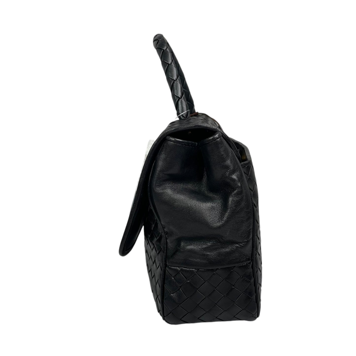 Bottega Veneta Black Intrecciato Leather Woven Top Handle Flap Turn-Lock Purse