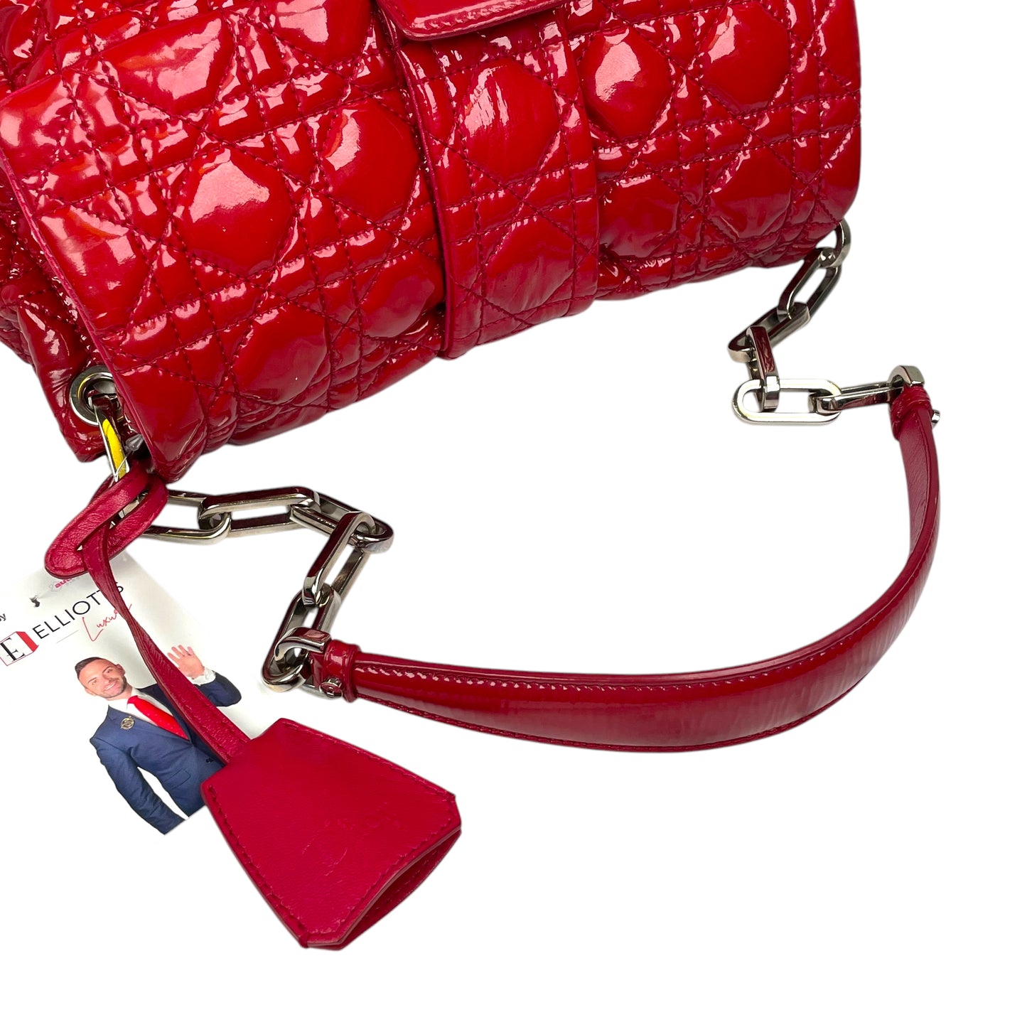 Christian Dior Red New Lock Patent Cannage Quilted Flap Shoulder Chain Purse