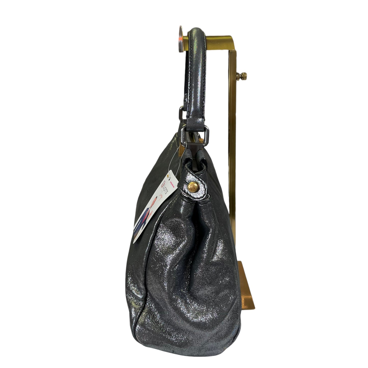 Fendi Peek A Boo Silver Glitter Shimmer Coated Canvas North South 2 Way Top Handle Shoulder Purse