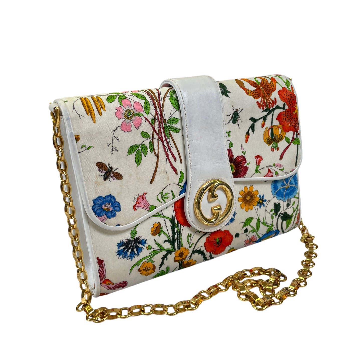 Gucci Vitorrio Accornero Snap Fabric Leather "Flora" Clutch 2 Way Chain Shoulder Purse