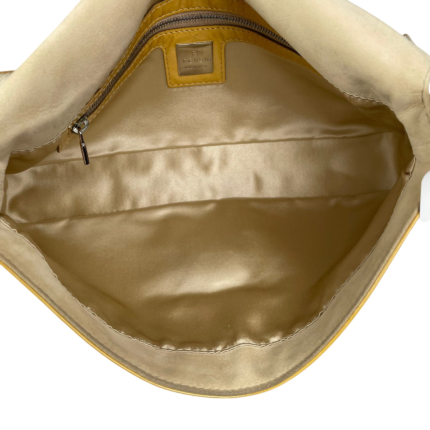 Fendi FF Mustard Yellow Classic Baguette Patent Leather Silver Shoulder Purse
