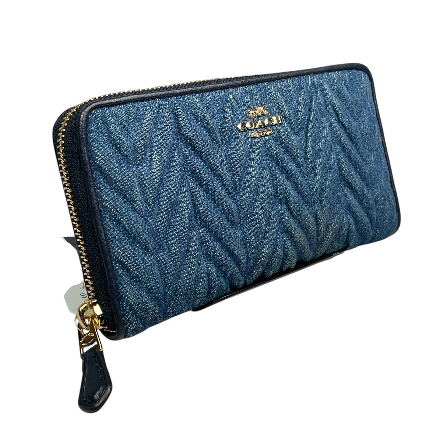 Coach Madison Denim Twist Long Navy Blue Leather Gold Trim Zip Around Wallet