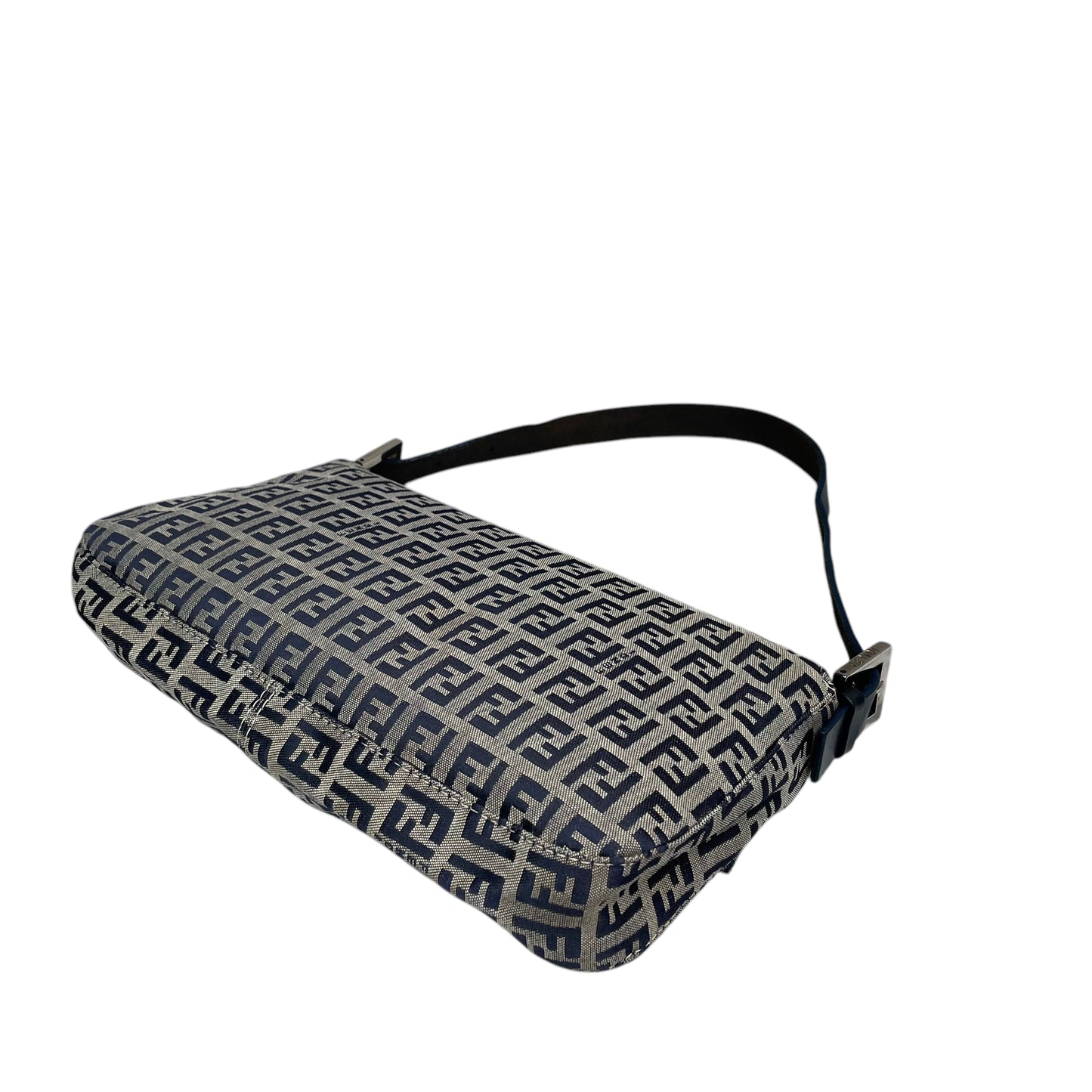 Fendi Classic Baguette Zucchino Navy Canvas Silver Leather Shoulder Purse