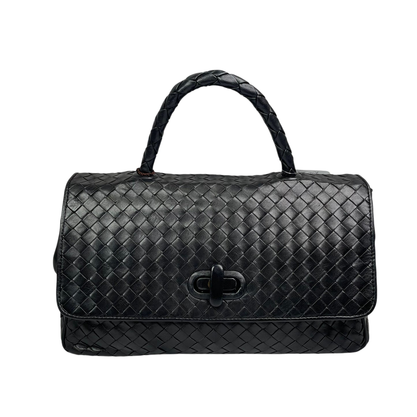 Bottega Veneta Black Intrecciato Leather Woven Top Handle Flap Turn-Lock Purse